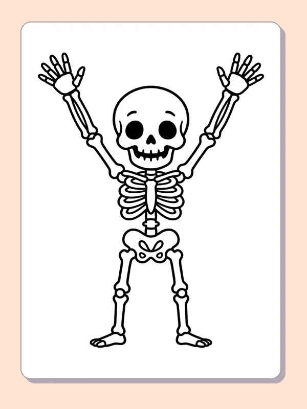 A skeleton raises both hands in a big wave.