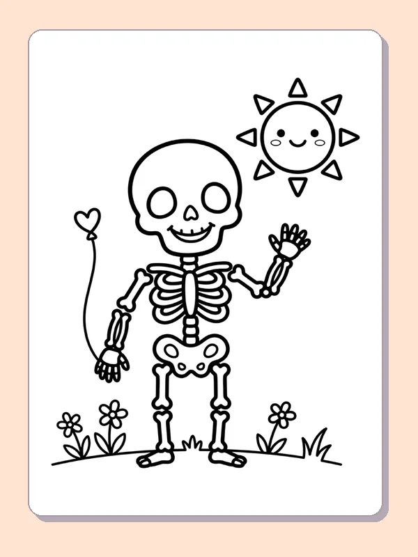 A skeleton waves beneath a smiling sun.