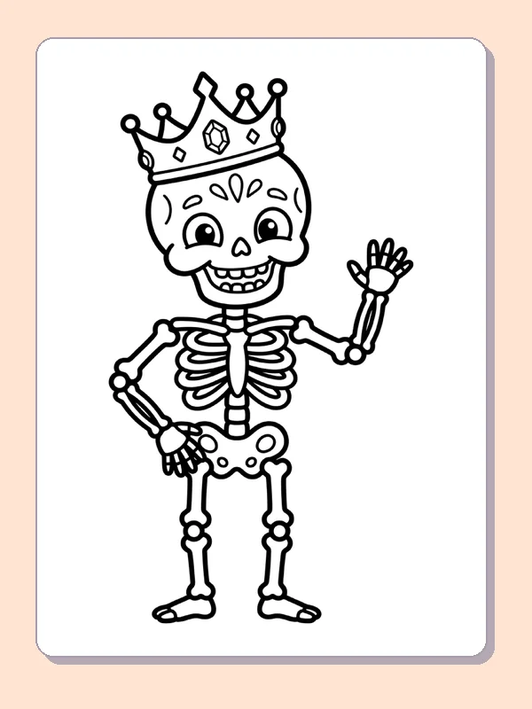 A crowned skeleton stands in a royal pose.