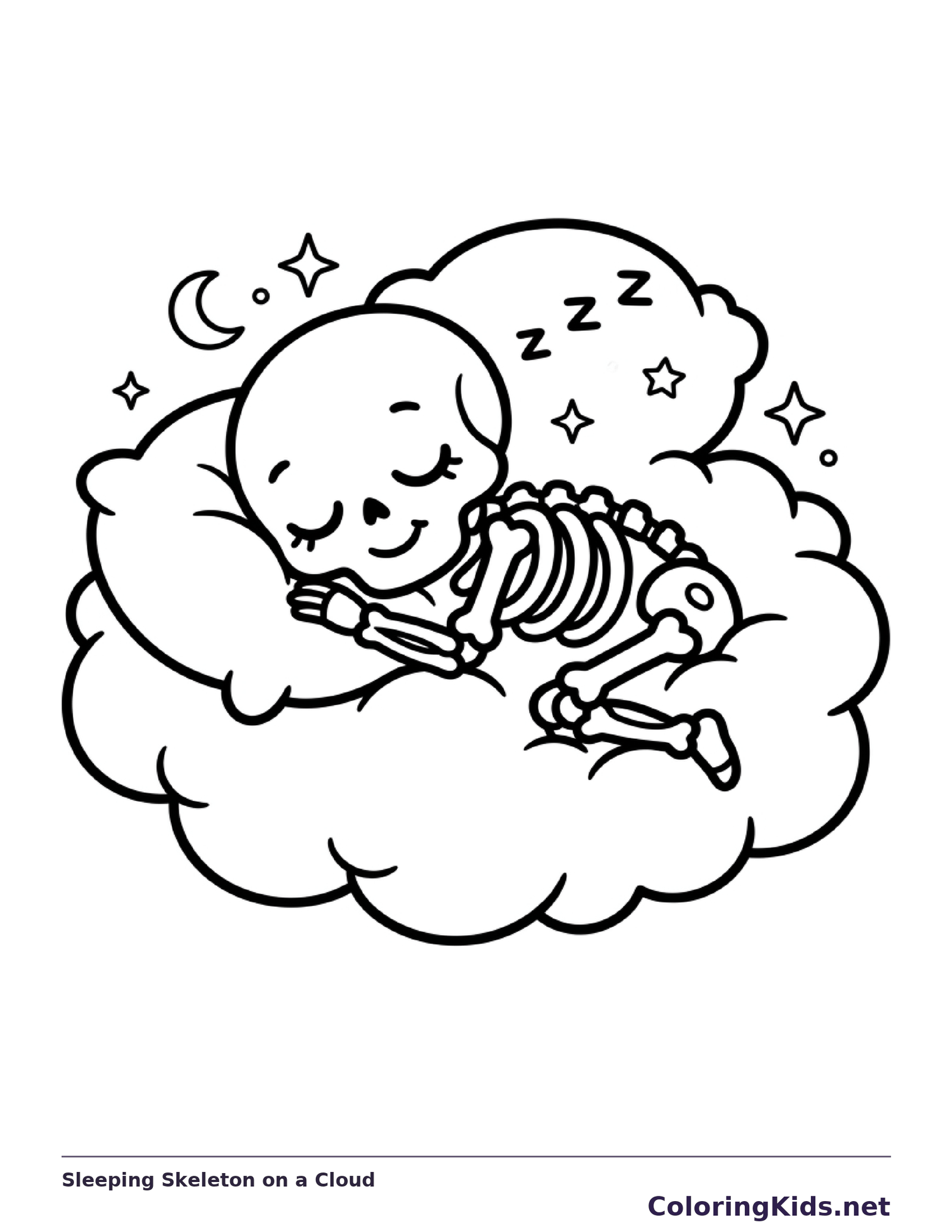 A tiny skeleton sleeps on a soft cloud beneath stars.
