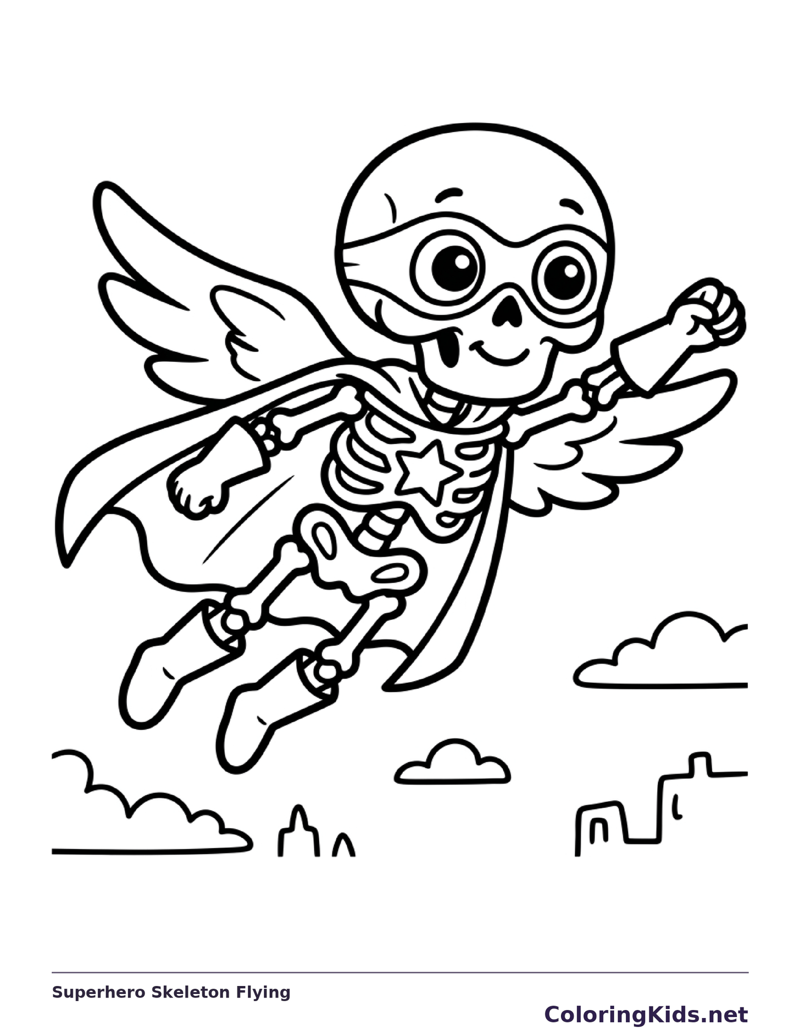 A caped skeleton flies like a superhero.