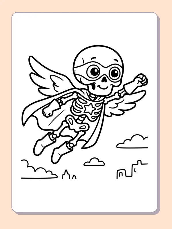 A caped skeleton flies like a superhero.