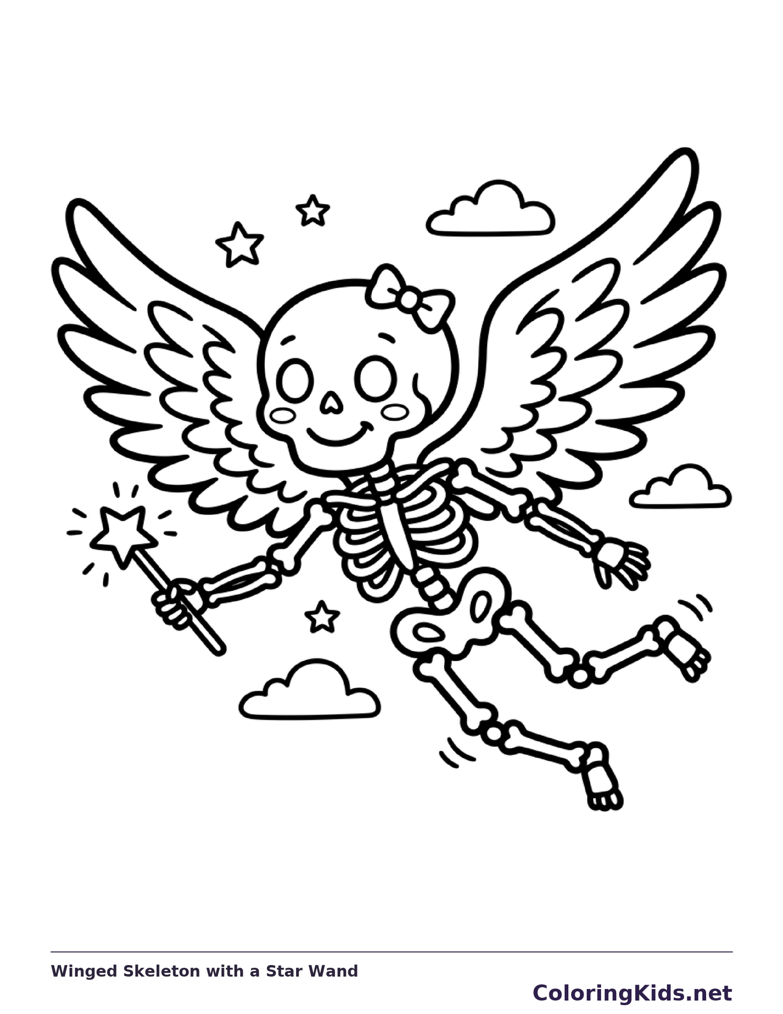 A winged skeleton flies with a star wand.