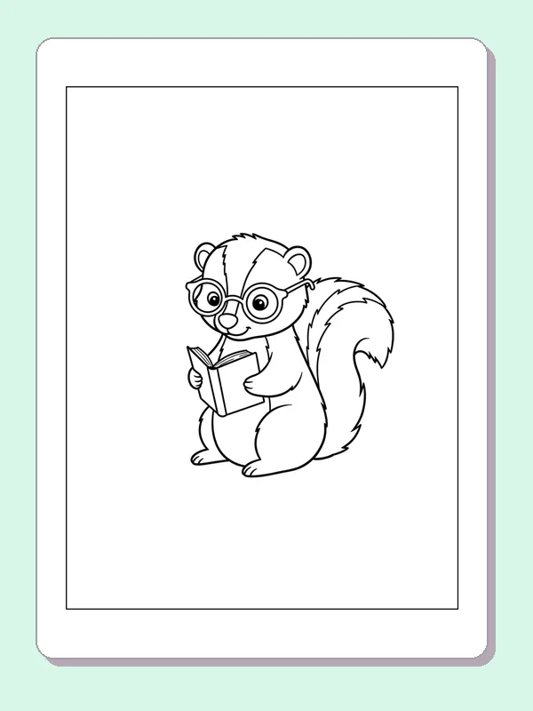 Bookish Skunk With Glasses coloring page: black and white line art to print or color online