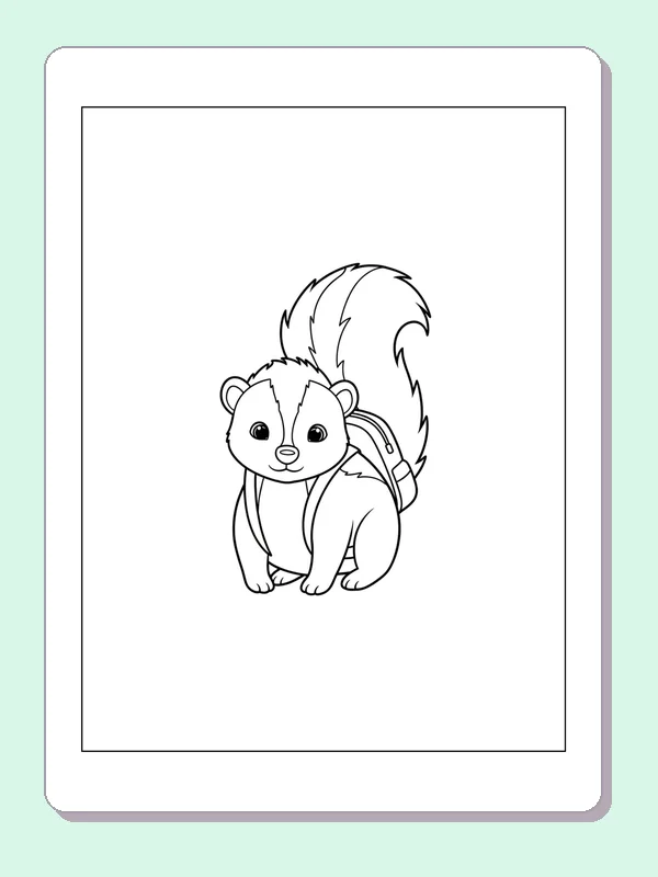 Little Skunk Wearing A Backpack coloring page: black and white line art to print or color online