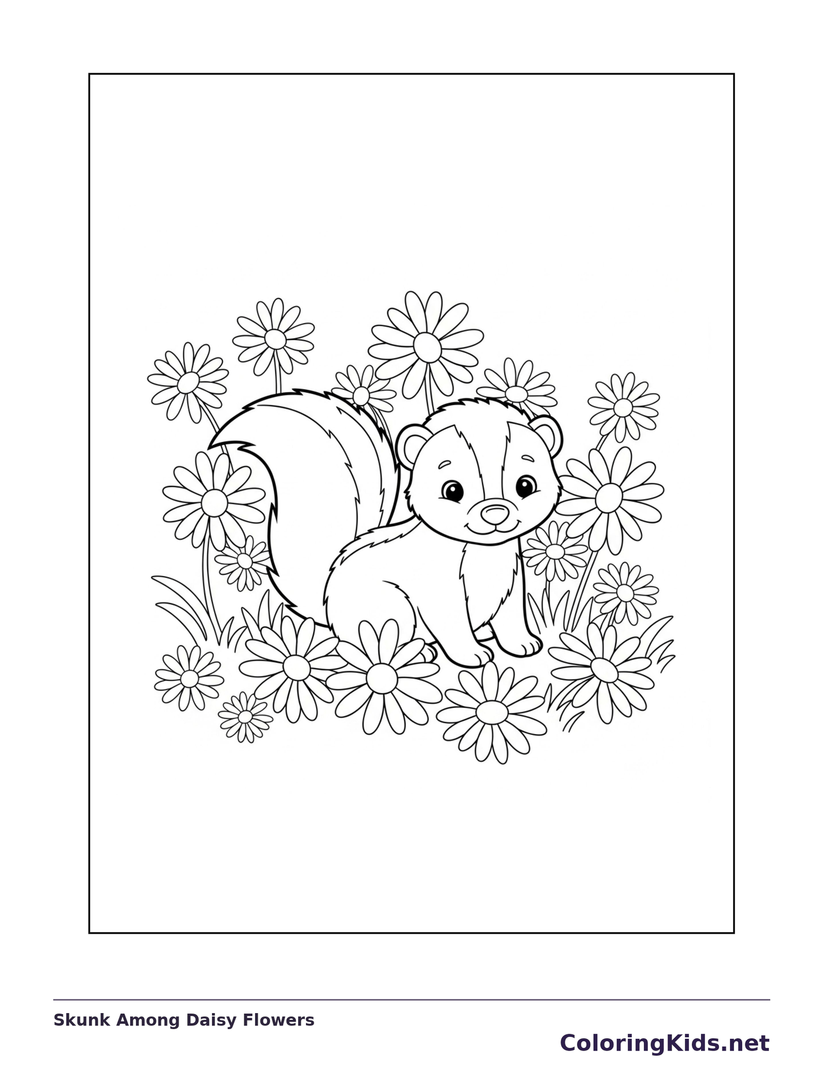 Skunk Among Daisy Flowers coloring page: black and white line art to print or color online