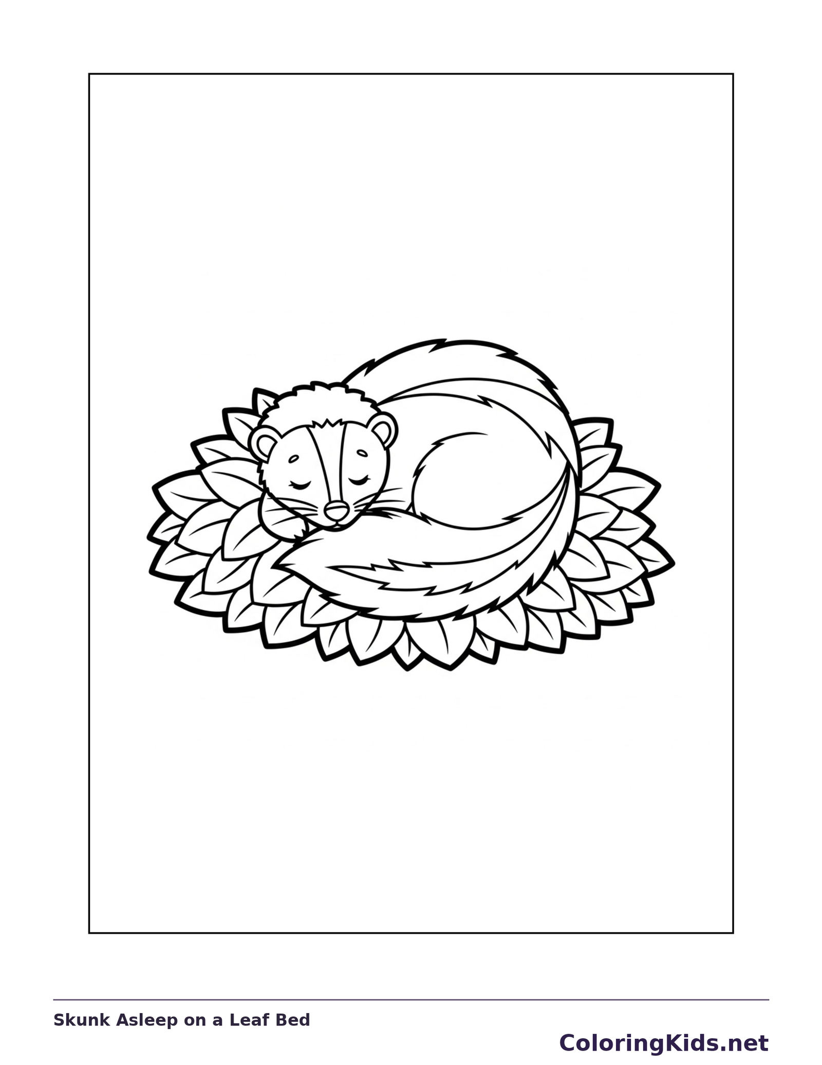 Skunk Asleep on a Leaf Bed coloring page: black and white line art to print or color online