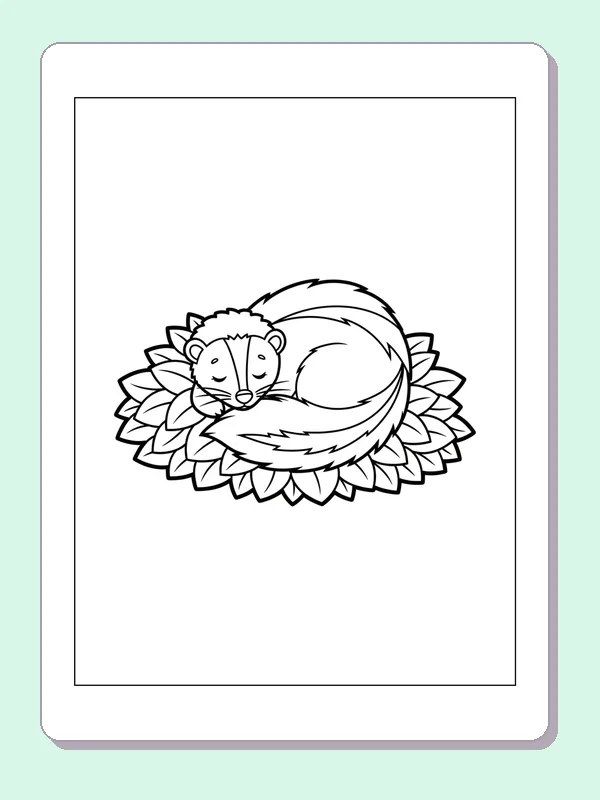 Skunk Asleep on a Leaf Bed coloring page: black and white line art to print or color online