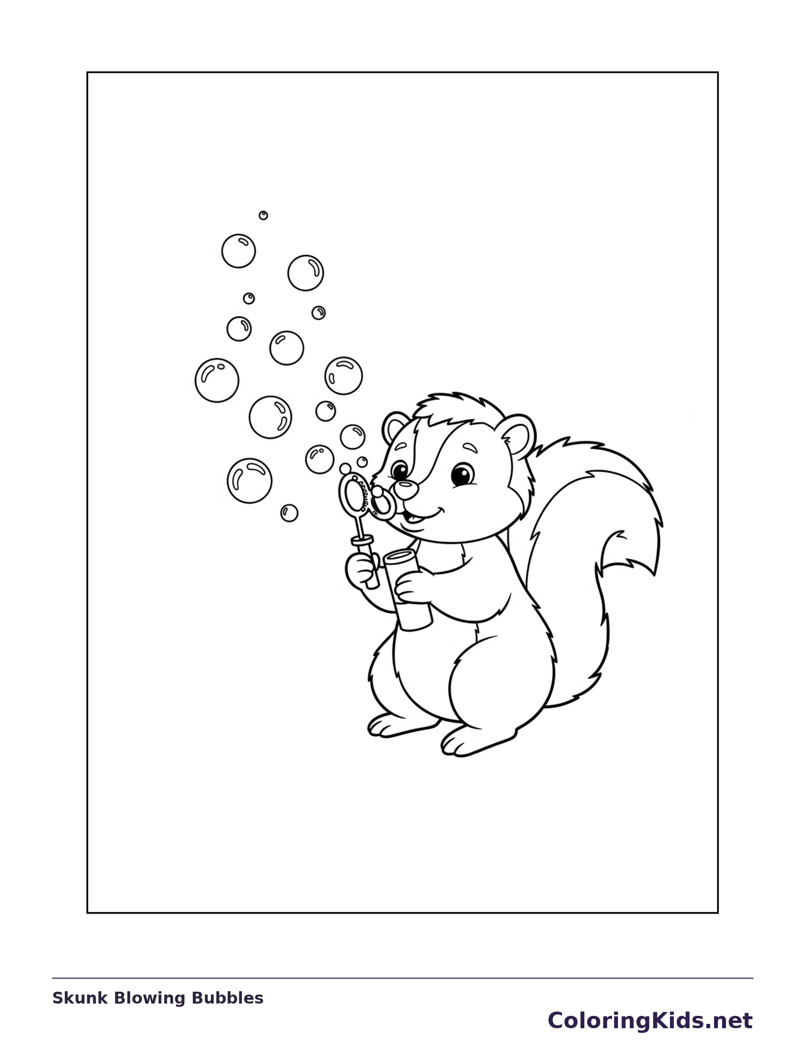 Skunk Blowing Bubbles coloring page: black and white line art to print or color online