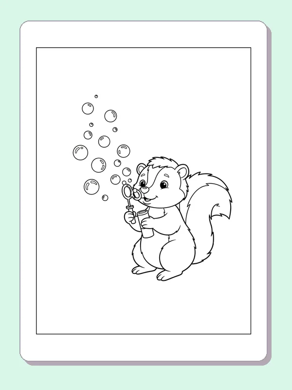 Skunk Blowing Bubbles coloring page: black and white line art to print or color online