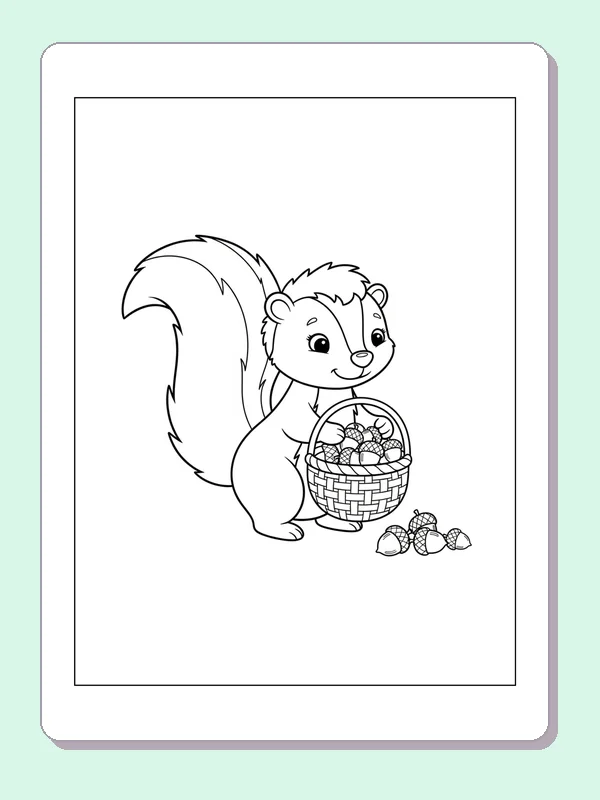 Skunk Carrying A Berry Basket coloring page: black and white line art to print or color online