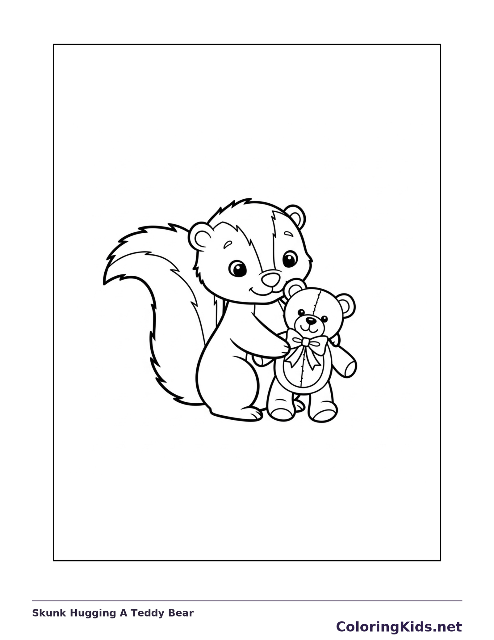 Skunk Hugging A Teddy Bear coloring page: black and white line art to print or color online