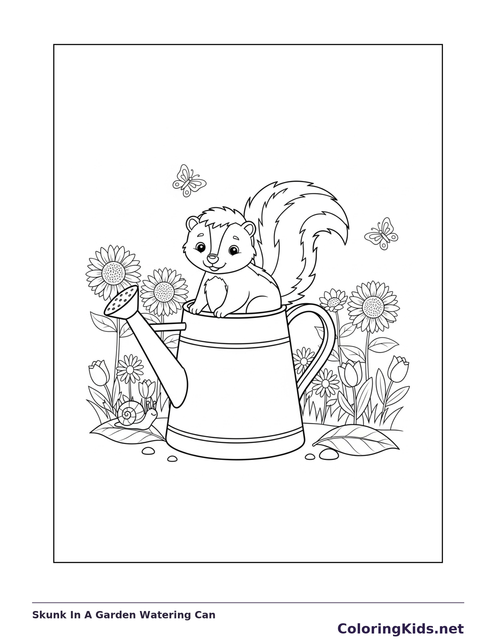 Skunk In A Garden Watering Can coloring page: black and white line art to print or color online