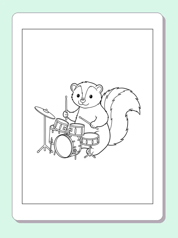 Skunk Playing A Drum Set coloring page: black and white line art to print or color online