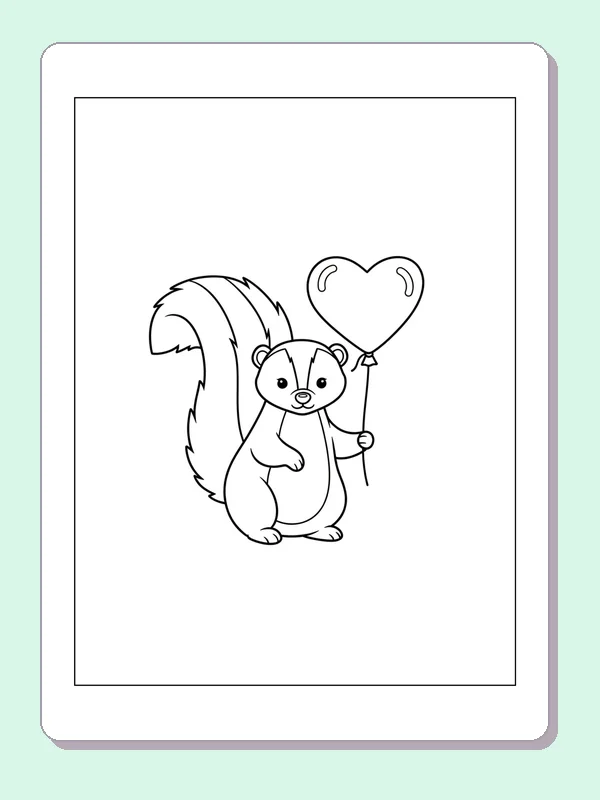 Skunk With A Heart Balloon coloring page: black and white line art to print or color online
