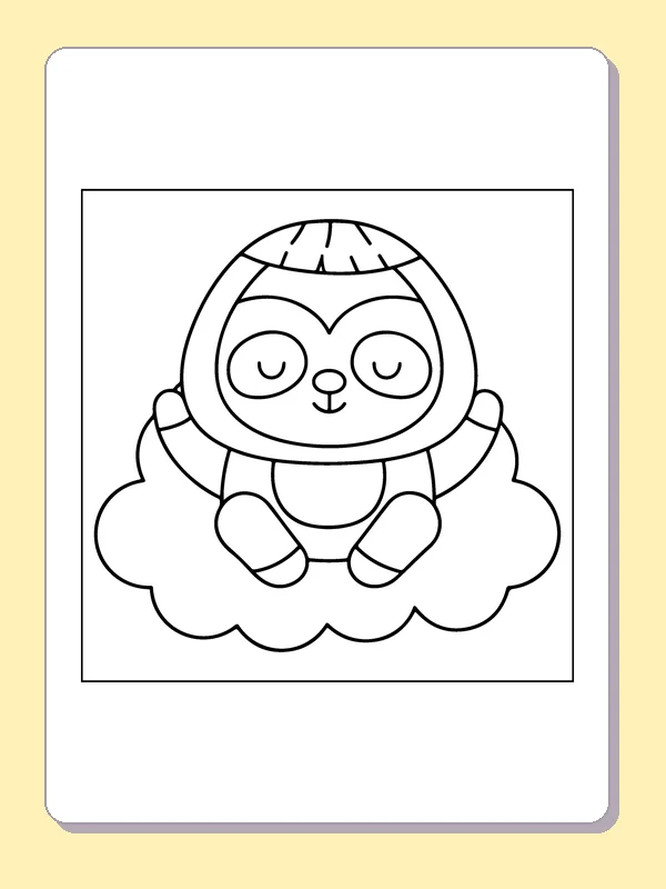 Black and white sloth coloring page: a sleeping sloth rests with closed eyes on a fluffy cloud