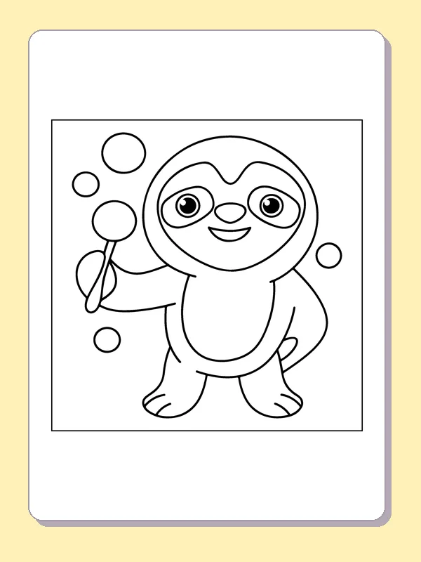 Black and white sloth coloring page: a sloth blows several separate bubbles in open space