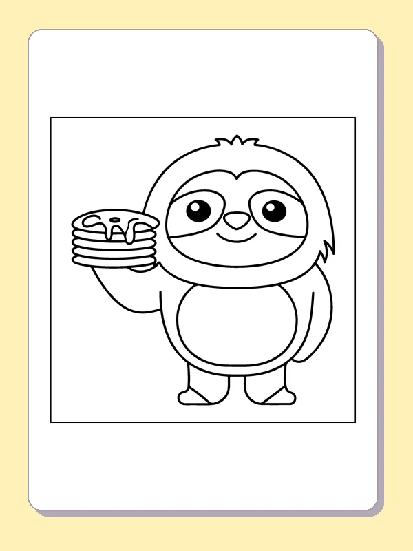 Black and white sloth coloring page: a sloth carries a stack of pancakes on one hand against a blank background
