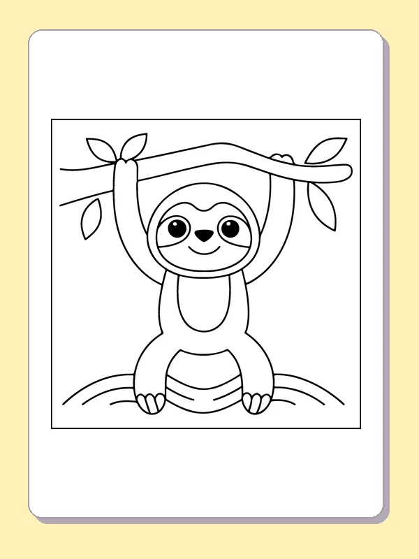 Black and white sloth coloring page: a sloth hangs from a short leafy branch above a rounded log