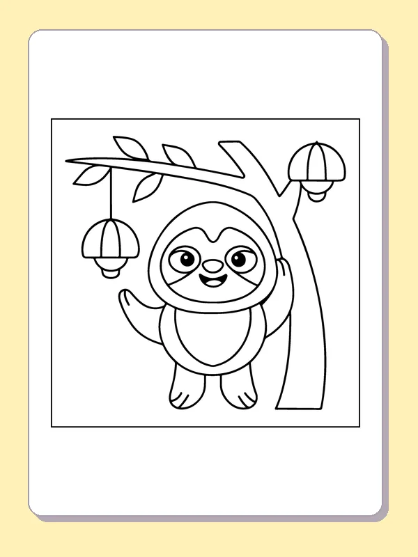 Black and white sloth coloring page: a sloth waves beneath a tree branch with two hanging lanterns