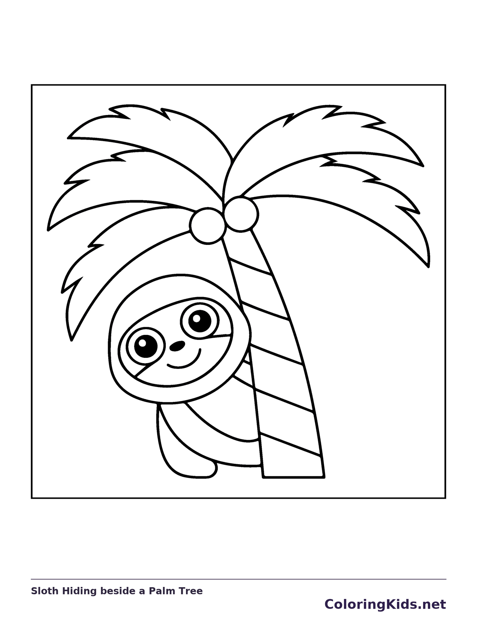 Black and white sloth coloring page: a sloth peeks from behind a palm trunk under wide fronds