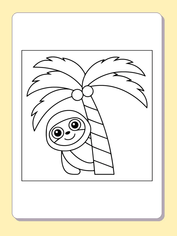 Black and white sloth coloring page: a sloth peeks from behind a palm trunk under wide fronds