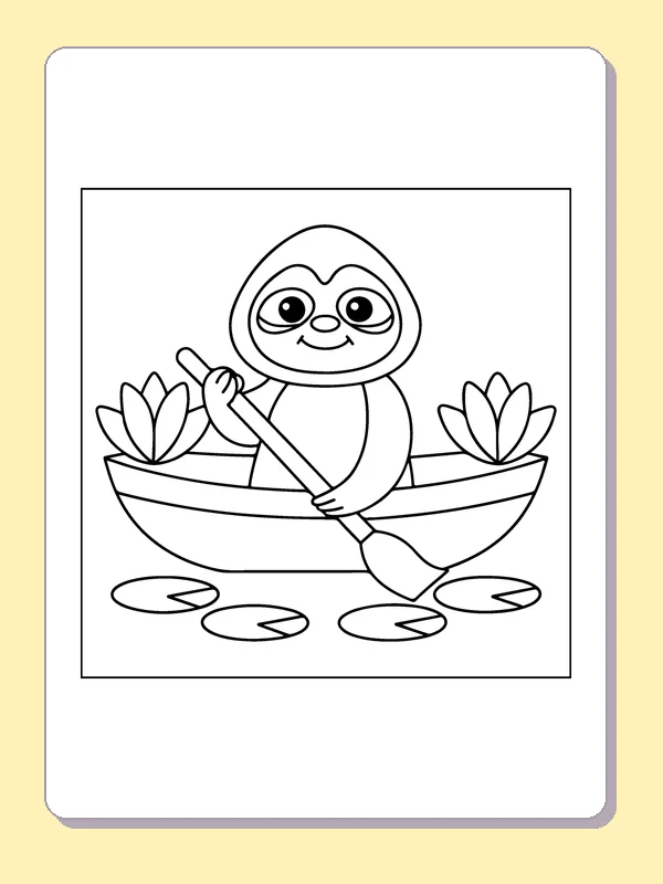 Black and white sloth coloring page: a sloth paddles a canoe between lily pads and two large water flowers