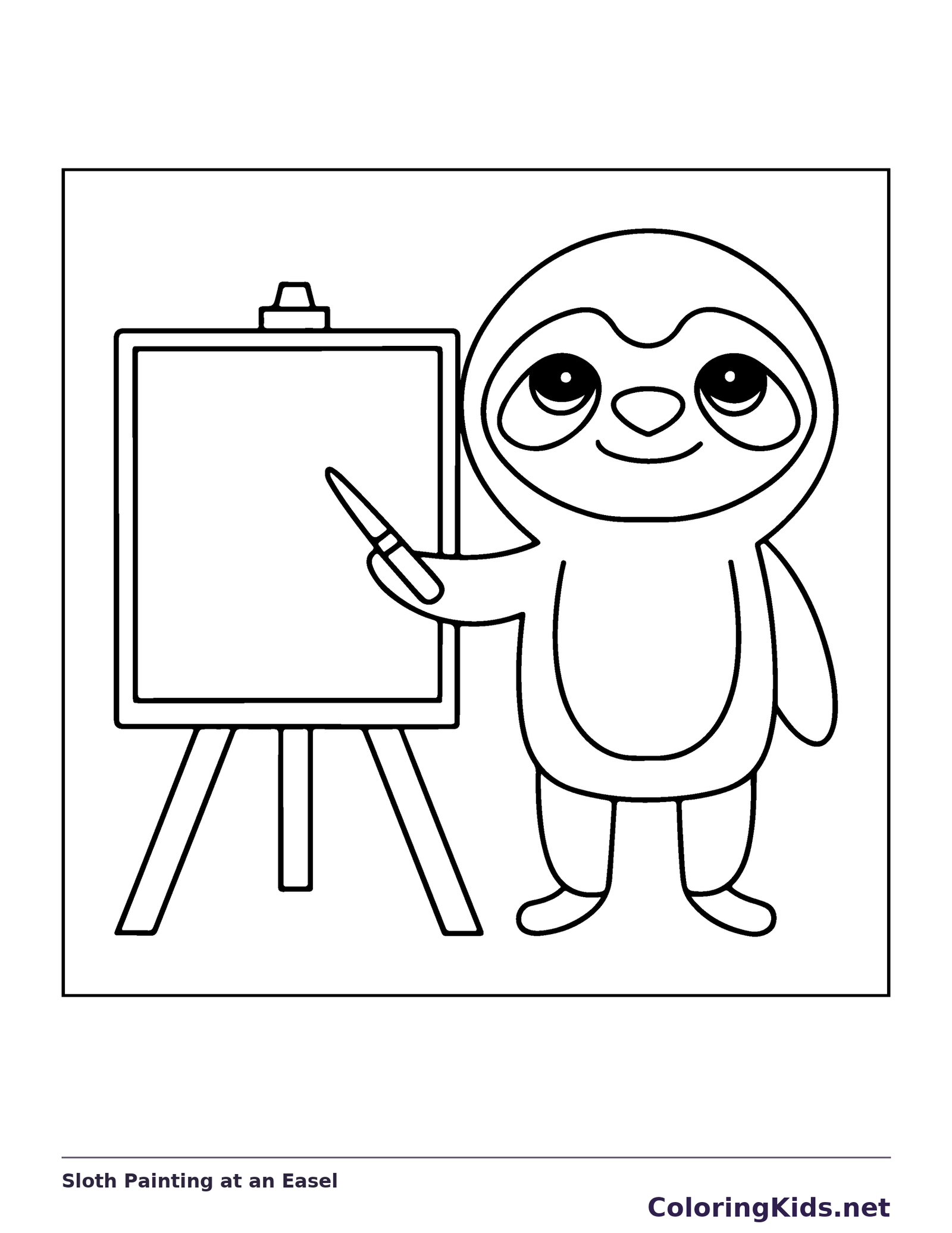 Black and white sloth coloring page: a sloth stands beside a blank canvas with a paintbrush ready
