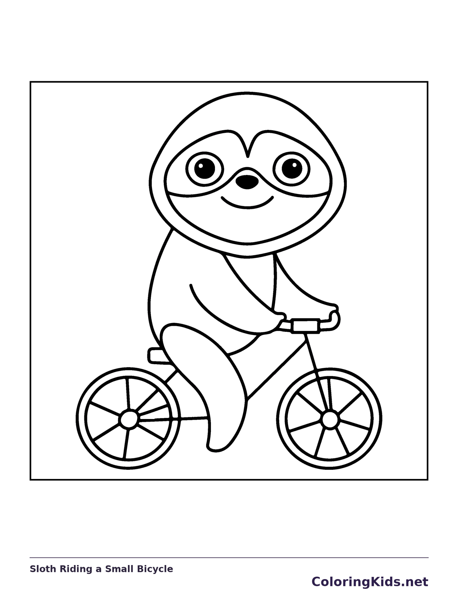 Black and white sloth coloring page: a sloth rides a small bicycle across a blank ground