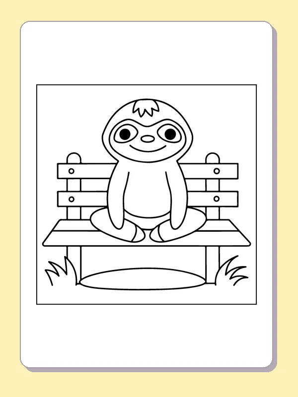 Black and white sloth coloring page: a sloth sits upright on a wooden park bench with small grass clumps below
