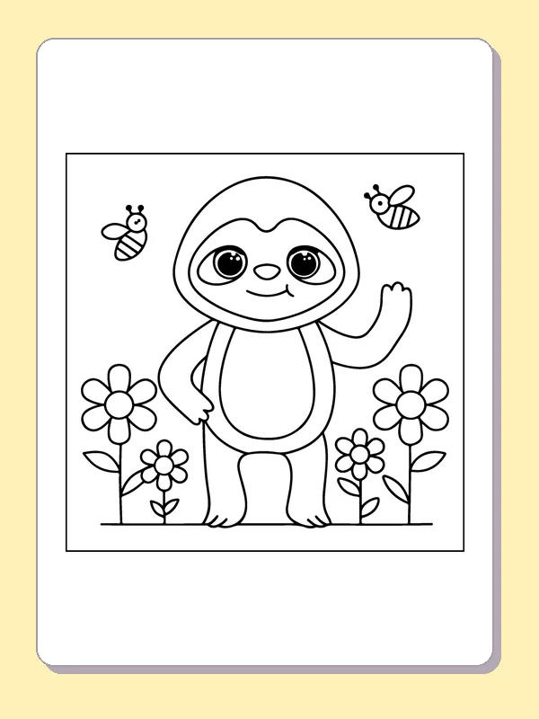 Black and white sloth coloring page: a standing sloth waves among garden flowers while two bees hover overhead
