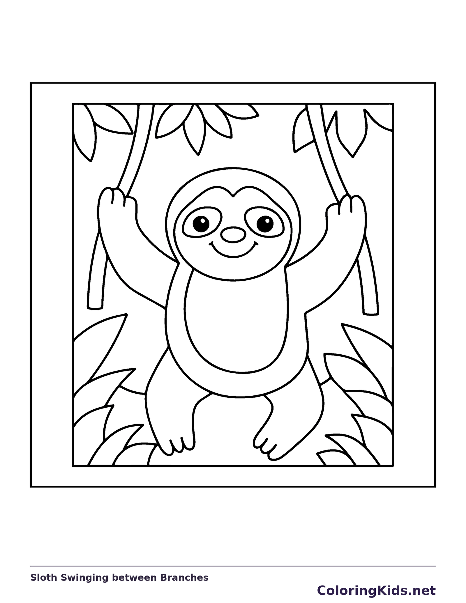 Black and white sloth coloring page: a sloth swings between two tree trunks beneath large leaves