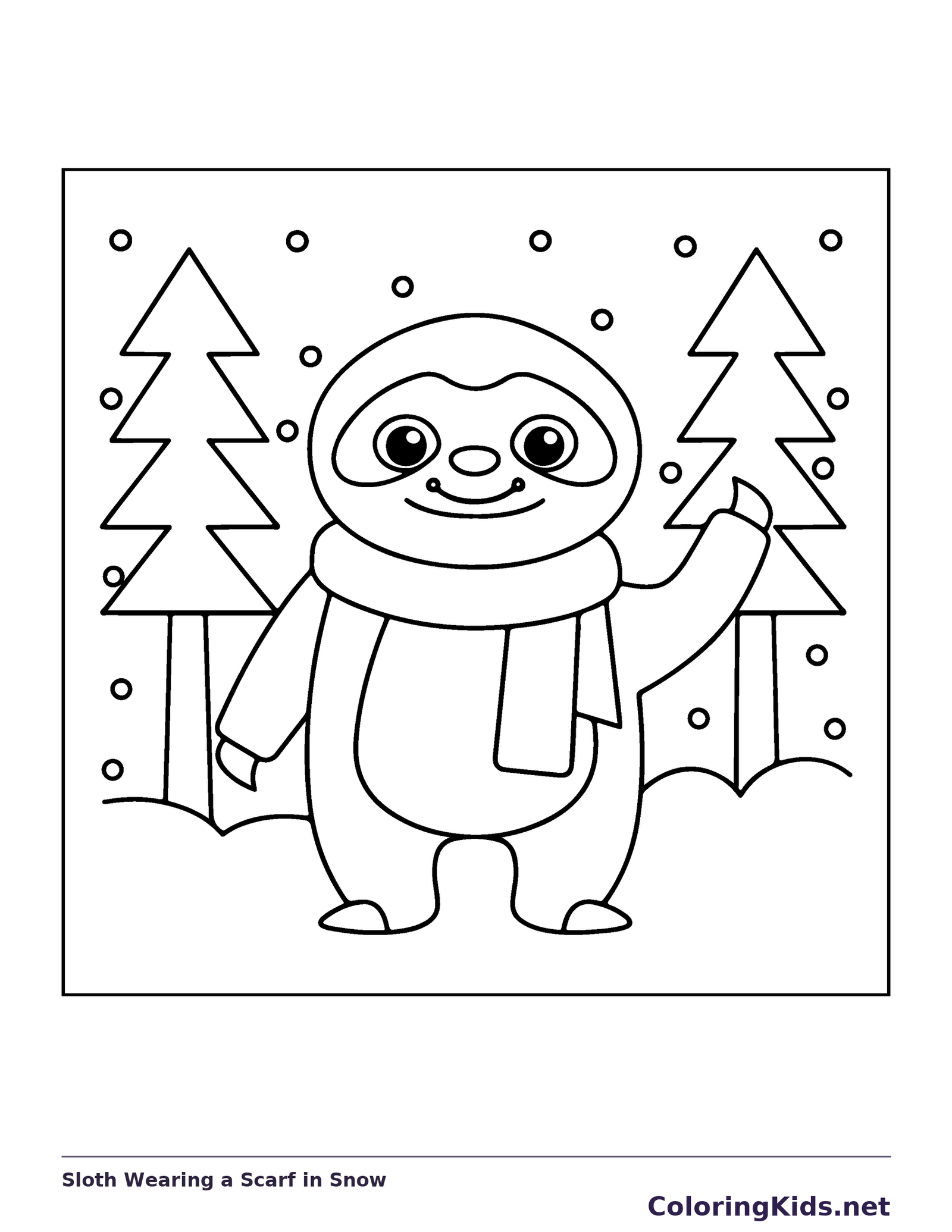 Black and white sloth coloring page: a sloth wears a long scarf between two simple snow-covered trees