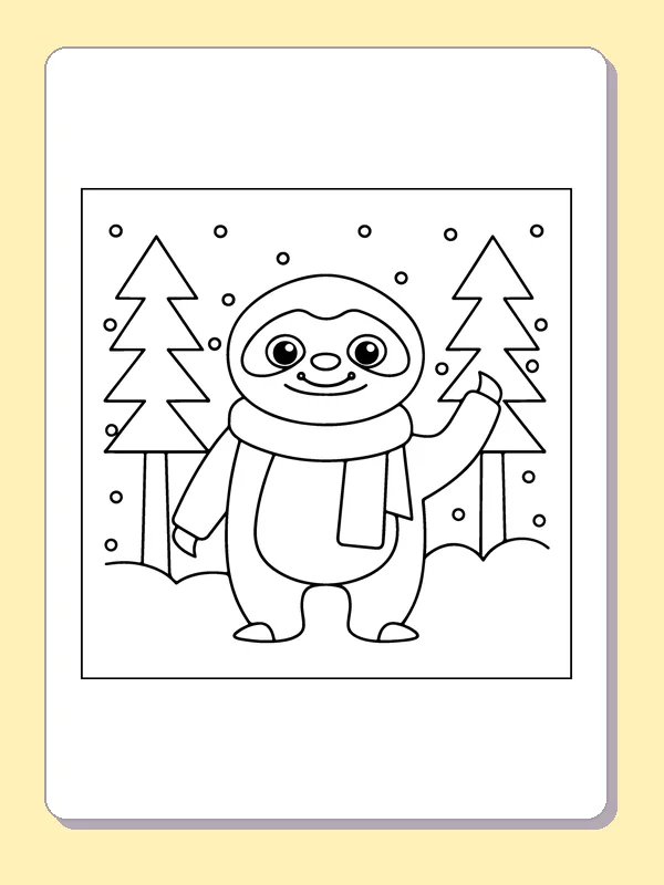 Black and white sloth coloring page: a sloth wears a long scarf between two simple snow-covered trees