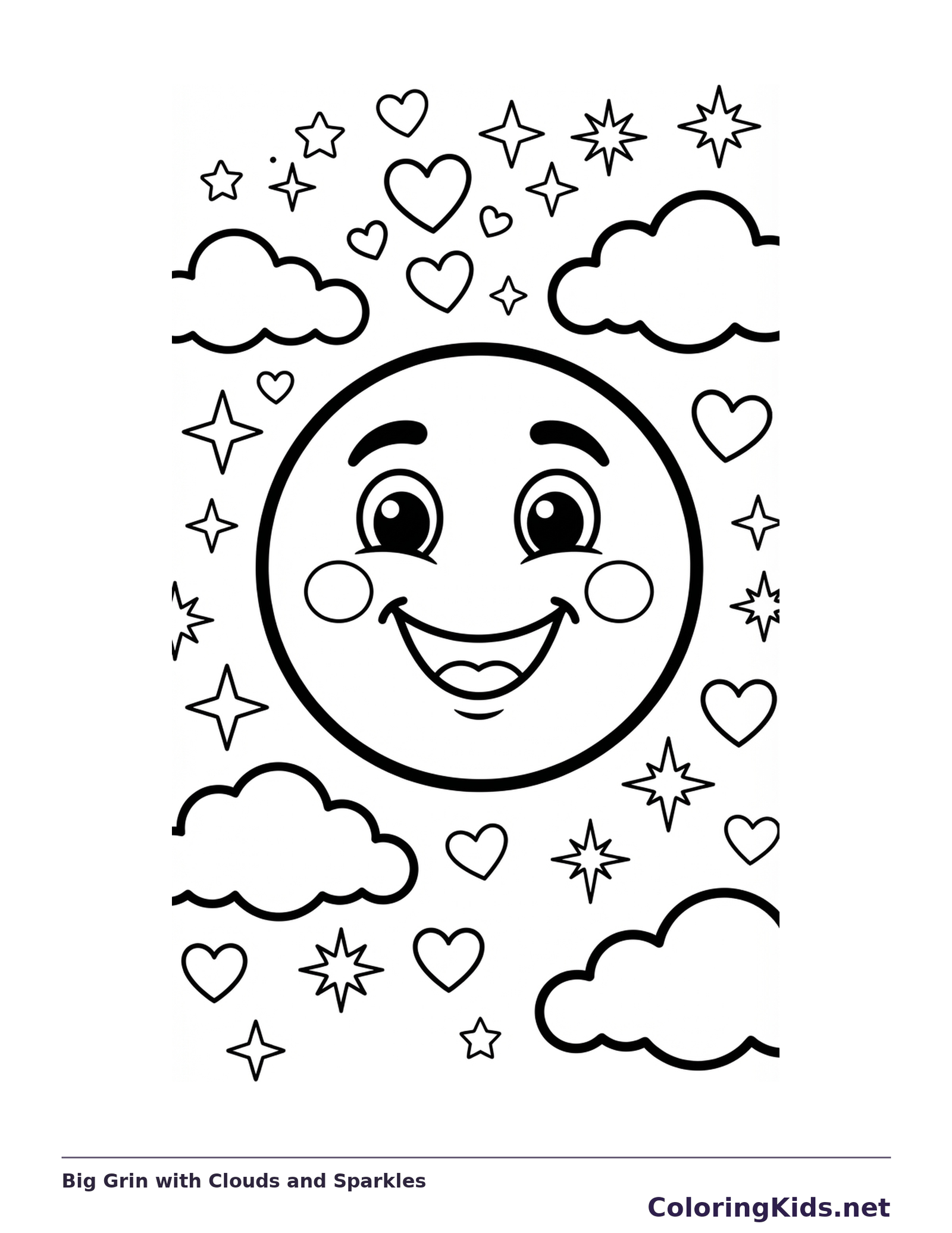 Big smiling face surrounded by clouds, hearts and small sparkles