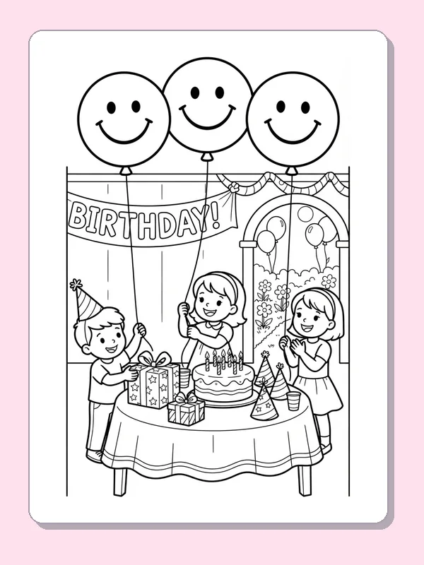Three smiley balloons over children at a decorated birthday table