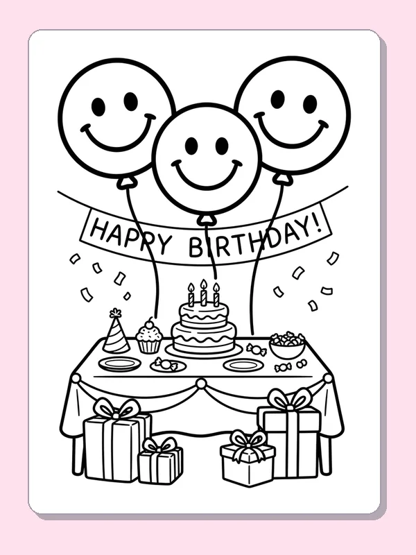 Three smiley balloons above birthday cake, gifts and party banner