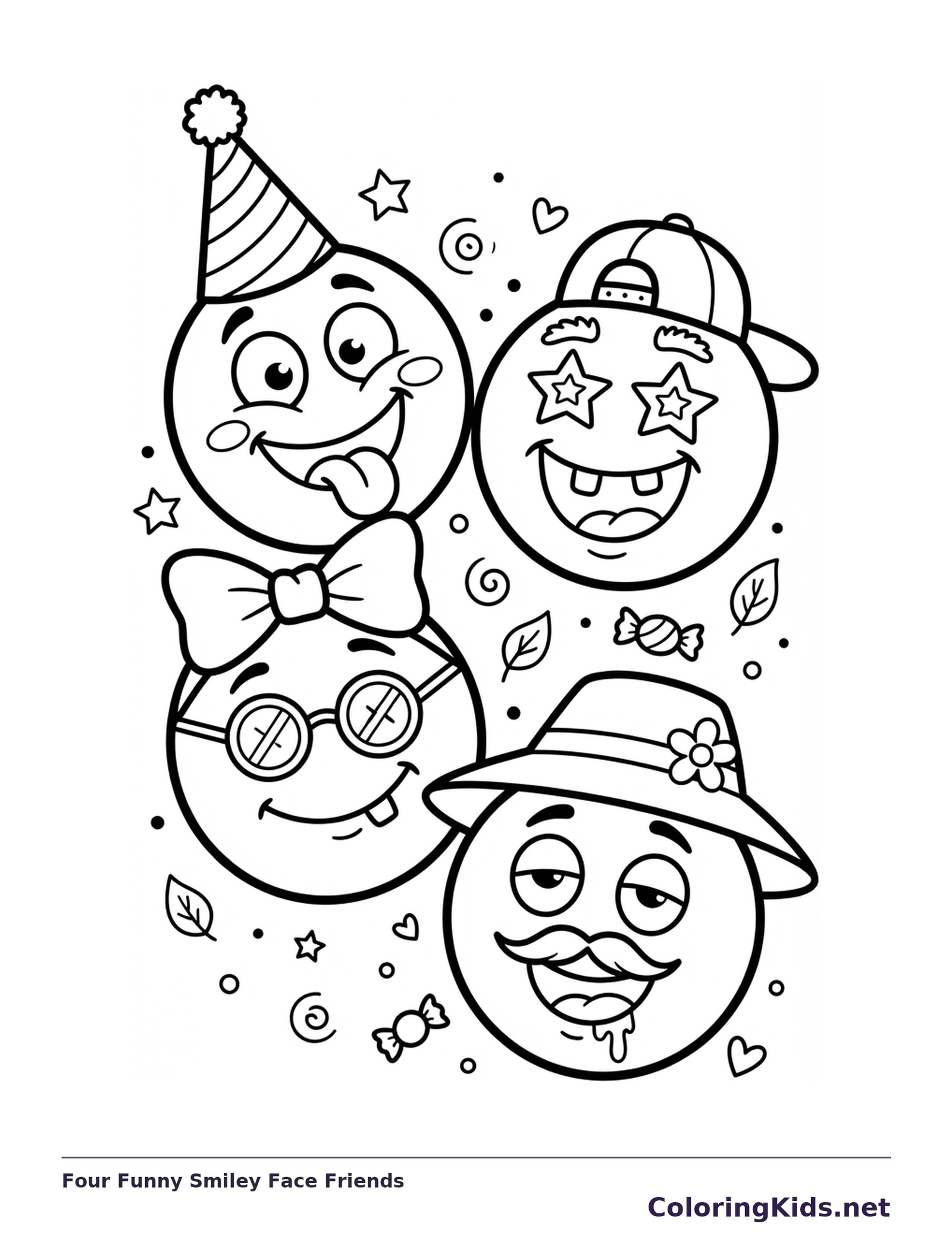 Four smiley face characters with hats, glasses, bow and mustache