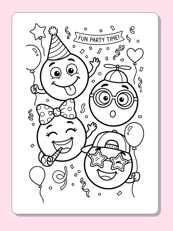 Four animated smiley faces with party decorations and FUN PARTY TIME banner