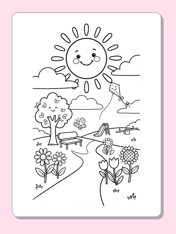 Smiling sun over winding garden path, trees and many flowers