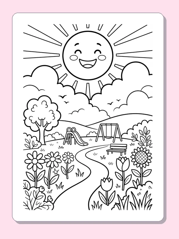 Smiling sun above park path, trees, clouds and flower beds