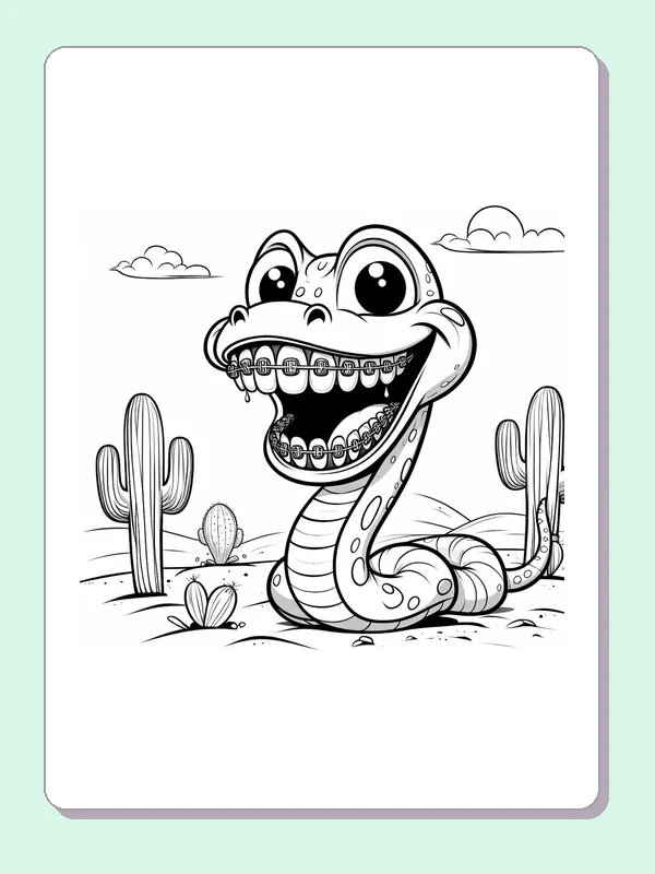Black and white printable laughing desert snake near cacti coloring sheet
