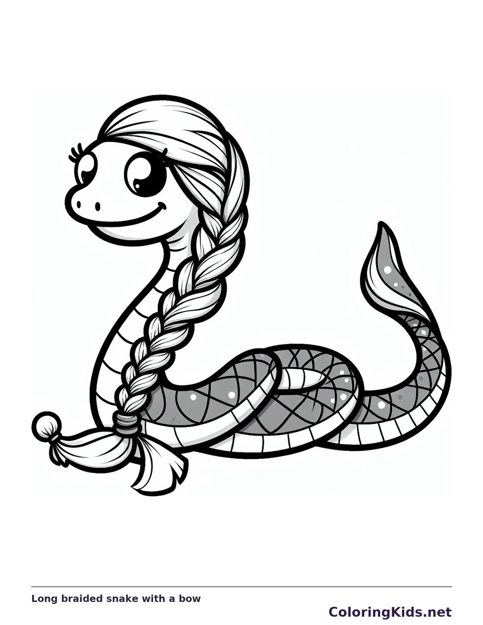 Black and white printable long braided snake with a bow coloring sheet