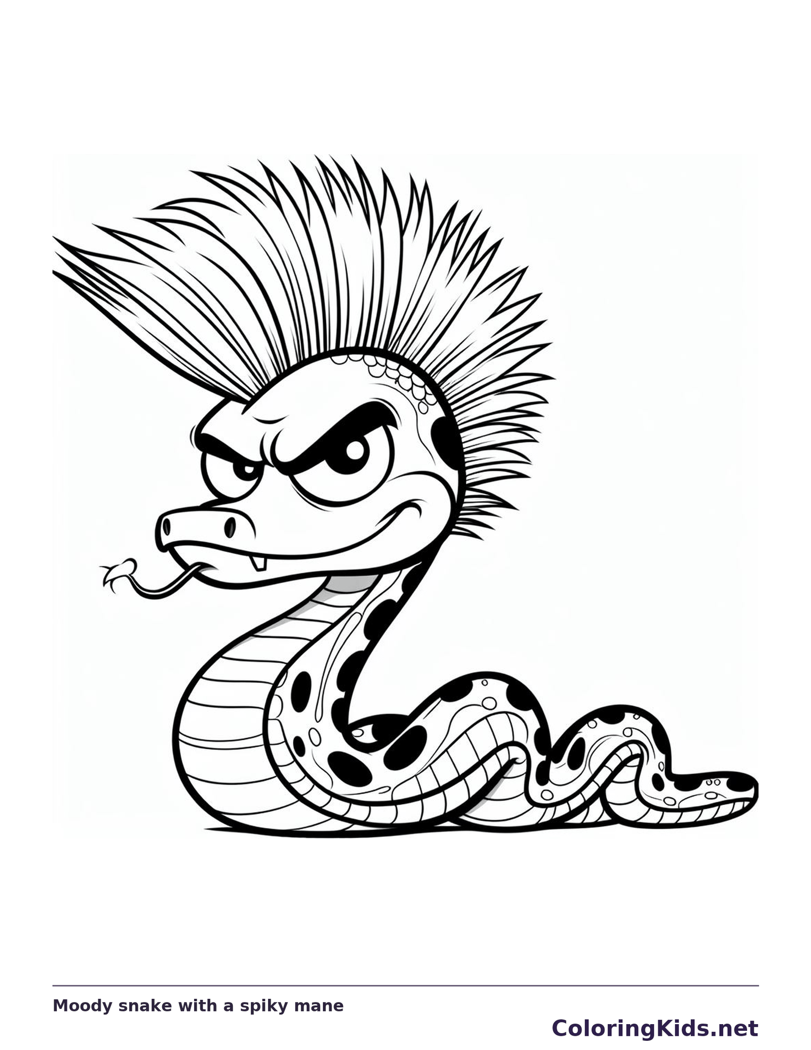 Black and white printable moody snake with a spiky mane coloring sheet