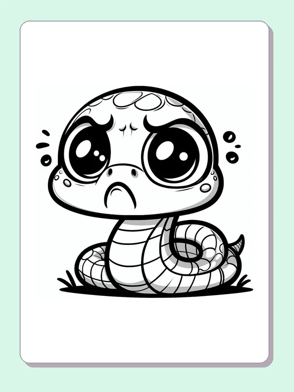 Black and white printable sad snake with wide eyes coloring sheet