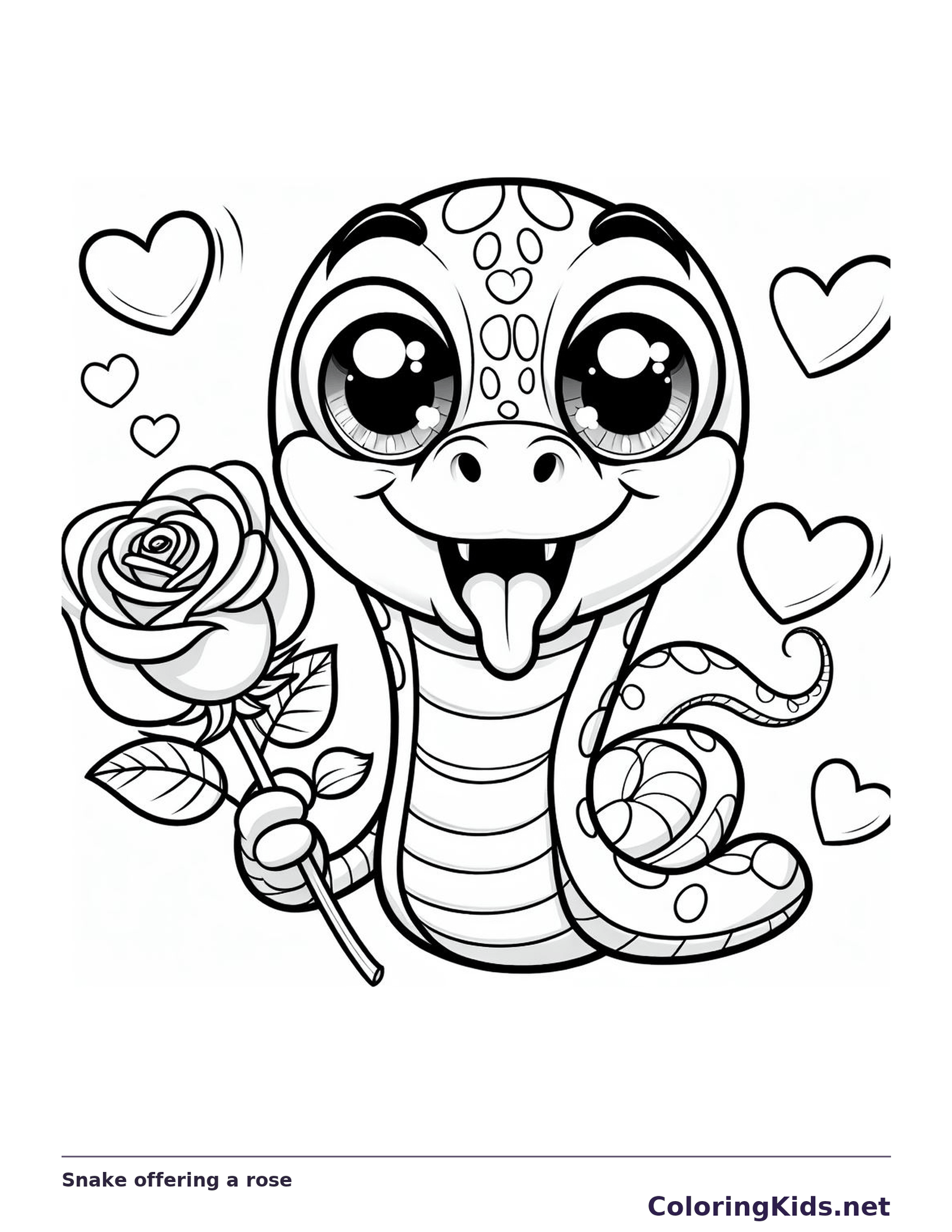 Black and white printable snake offering a rose coloring sheet
