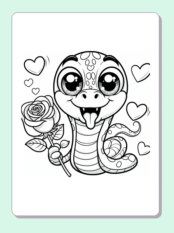 Black and white printable snake offering a rose coloring sheet