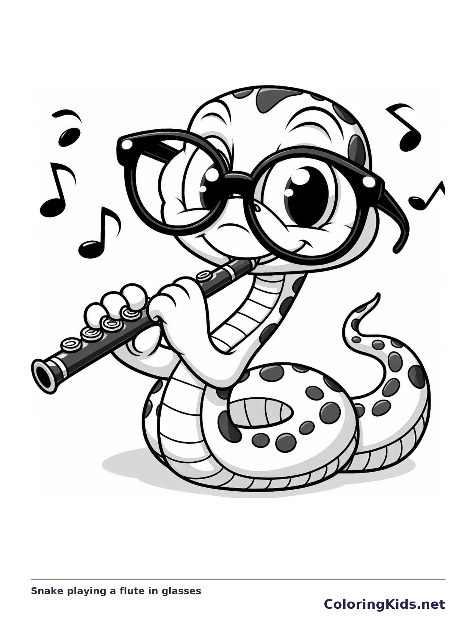 Black and white printable snake playing a flute in glasses coloring sheet