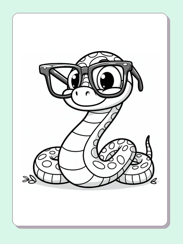 Black and white printable snake wearing glasses in the grass coloring sheet