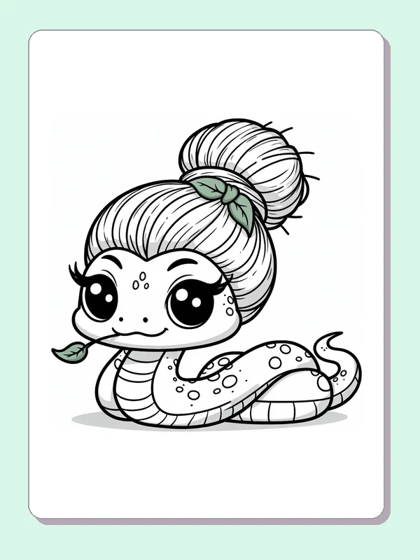 Black and white printable snake with a bun and leaf coloring sheet